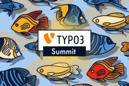 Colorful fish illustrations surround a central logo that reads "TYPO3 Summit.