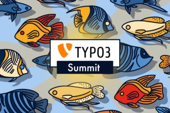Colorful fish illustrations surround a central logo that reads "TYPO3 Summit.