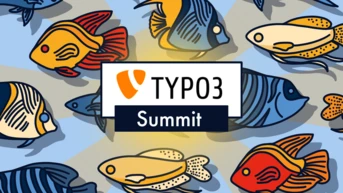 Bunte Fischillustrationen umgeben ein zentrales Logo, das "TYPO3 Summit" liest.