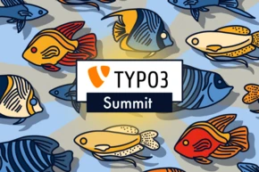 Colorful fish illustrations surround a central logo that reads "TYPO3 Summit.