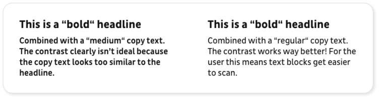 Two text blocks displaying different font styles and sizes. The left block features a bold headline with medium copy text, while the right block has a bold headline paired with regular copy text, emphasizing improved contrast for readability.