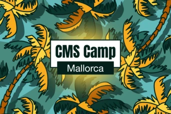 Tropical palm leaves with the text "CMS Camp Mallorca" prominently displayed in the center.