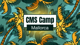 Tropical palm leaves with the text "CMS Camp Mallorca" prominently displayed in the center.