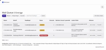 Mail-Warteschlange mit drei Einträgen, die Details wie Datum, Betreff, Empfänger, Status, Versuche, nächste Versuchzeit und letzte Fehlermeldung anzeigen.