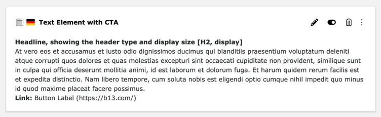 Backend element preview showing headline with structure information