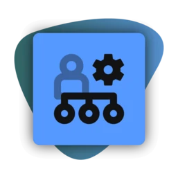 Icon depicting a person connected to a gear and three nodes, symbolizing management or organizational structure.