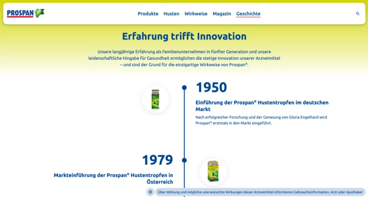 Zeitleiste mit wichtigen Meilensteinen in der Geschichte von Prospan, einschließlich der Markteinführung in Deutschland im Jahr 1950 und in Österreich im Jahr 1979.