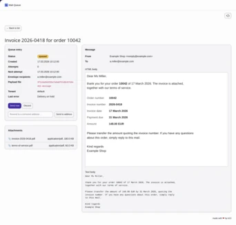 Invoice details for order 10042, including order number, date, amount due, and sender information. Two attachments mentioned.