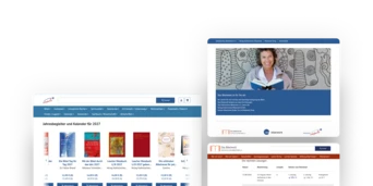 Screenshots of a website featuring children's books and educational resources, including a calendar for 2023 and a smiling woman reading.