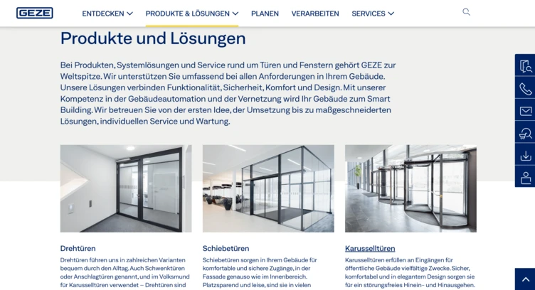 Überblick über GEZE-Produkte und -Lösungen, einschließlich automatischer Türen, Schiebetüren und Drehtüren, mit einem Fokus auf Funktionalität und Design.