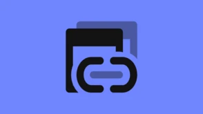 Black and gray abstract shapes with a chain link symbol on a blue background, representing connectivity or linking concepts.
