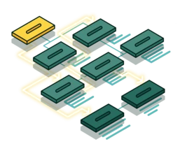 Flowchart illustrating a network of blocks connected by arrows, with one block highlighted in yellow. The design suggests a process or data flow among the blocks.