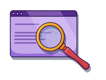 Magnifying glass over a purple browser window with text lines, symbolizing search or analysis.