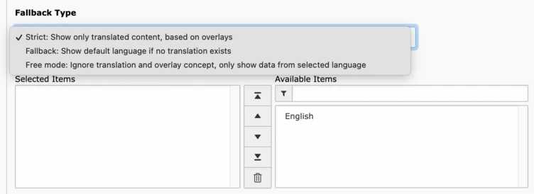 Settings menu displaying options for fallback types related to language translation and content display. Options include "Strict," "Fallback," and "Free mode," with checkboxes and selection areas for available items.