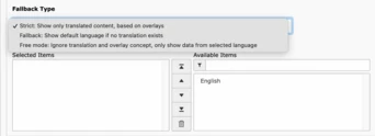 Settings menu displaying options for fallback types related to language translation and content display. Options include "Strict," "Fallback," and "Free mode," with checkboxes and selection areas for available items.