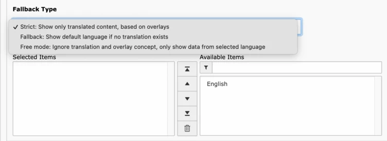 Settings menu displaying options for fallback types related to language translation and content display. Options include "Strict," "Fallback," and "Free mode," with checkboxes and selection areas for available items.