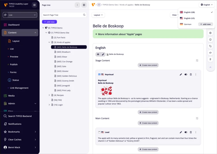 Inhaltsverwaltungsoberfläche, die die Seite "Belle de Boskoop" anzeigt, mit Bereichen für Bühneninhalte und Hauptinhalte in Englisch.