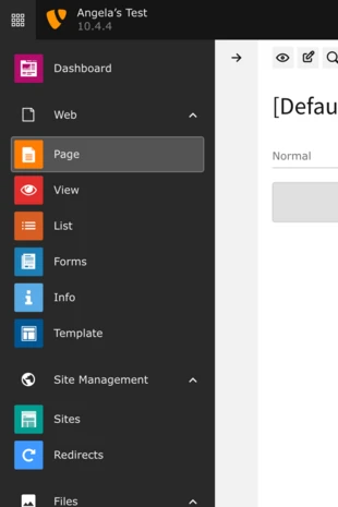 Dashboard interface displaying navigation options for web management, including sections like Page, View, List, Forms, Info, Template, Site Management, Sites, Redirects, and Files. The header shows "Angela's Test" and version number 10.4.4.
