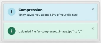 Benachrichtigung, dass Tinyfy bei der Komprimierung 65% der Dateigröße eingespart hat, zusammen mit einer Bestätigung, dass die Datei mit dem Namen „uncompressed_image.jpg“ in das angegebene Verzeichnis hochgeladen wurde.