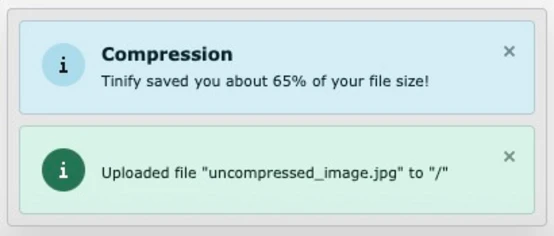 Benachrichtigung, dass Tinyfy bei der Komprimierung 65% der Dateigröße eingespart hat, zusammen mit einer Bestätigung, dass die Datei mit dem Namen „uncompressed_image.jpg“ in das angegebene Verzeichnis hochgeladen wurde.