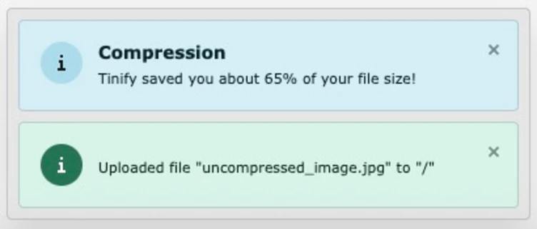 Benachrichtigung, dass Tinyfy bei der Komprimierung 65% der Dateigröße eingespart hat, zusammen mit einer Bestätigung, dass die Datei mit dem Namen „uncompressed_image.jpg“ in das angegebene Verzeichnis hochgeladen wurde.