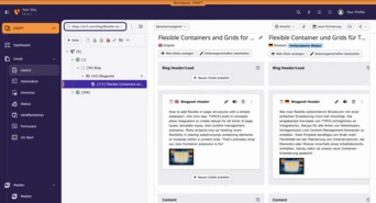 Dashboard interface displaying options for blog layout and content management, including sections for flexible containers and grids.