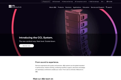 The CCL System by d&b audiotechnik is showcased, featuring a stack of audio equipment designed for performance. The text highlights its innovative approach and invites users to discover more about the product.