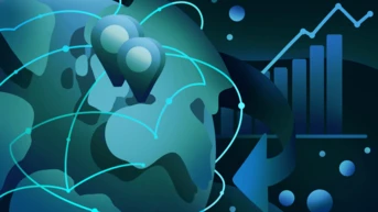 A stylized globe with location markers and interconnected lines, representing global connectivity. In the background, a rising bar graph and abstract shapes suggest data analysis and growth trends.