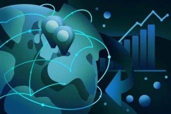 Ein stilisierter Globus mit Standortmarkierungen und miteinander verbundenen Linien, der globale Vernetzung darstellt. Im Hintergrund deuten ein ansteigendes Balkendiagramm und abstrakte Formen auf Datenanalyse und Wachstumstrends hin.