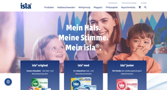 Website-Banner mit einer lächelnden Frau und zwei Kindern, die Isla Produkte für Hals- und Stimmgesundheit bewirbt. Der Text hebt hervor: "Mein Hals. Meine Stimme. Mein Isla.