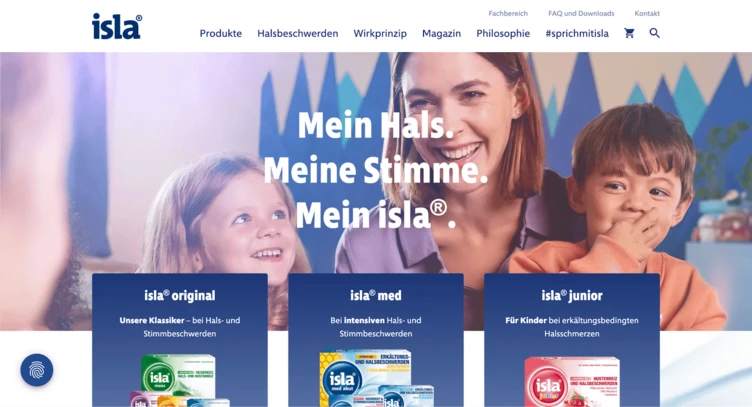 Website-Banner mit einer lächelnden Frau und zwei Kindern, die Isla Produkte für Hals- und Stimmgesundheit bewirbt. Der Text hebt hervor: "Mein Hals. Meine Stimme. Mein Isla.