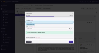 User interface displaying a webpage creation tool with fields for page size, URL segment, and alternative navigation title.