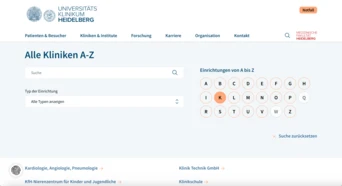 Heidelberg University Hospital website displaying a directory of clinics organized alphabetically, with search functionality and categories listed.