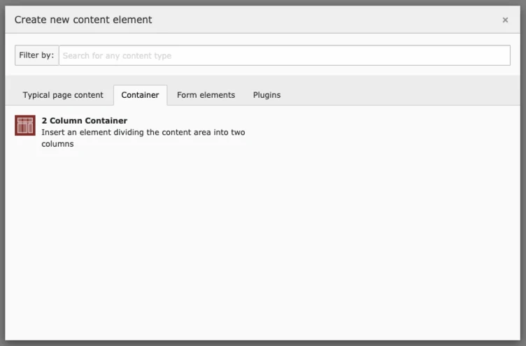 New Content Element Wizard showing a two-column container element New Content Element Wizard showing a two-column container element