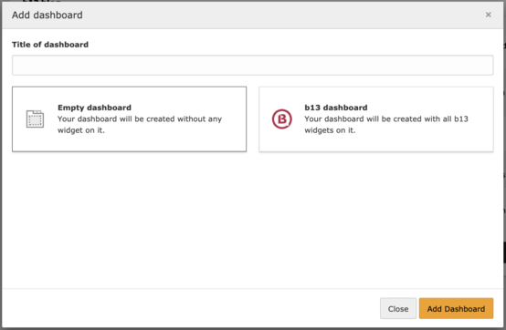 Screenshot showing b13 dashboard preset in the Add dashboard window.