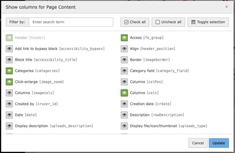 Settings panel displaying options for page content columns, including filters for header, categories, access, creation date, and display description. Checkboxes indicate selected options for customization.