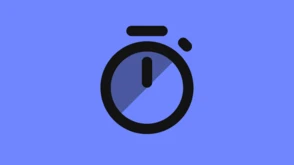 Black stopwatch icon on a blue background, featuring a circular design with a small top button and a diagonal line inside.