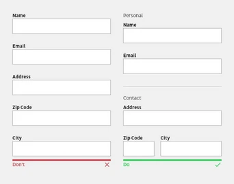 Form layout displaying fields for personal and contact information, including sections for name, email, address, zip code, and city. Indicators show "Don't" with a red cross and "Do" with a green checkmark.