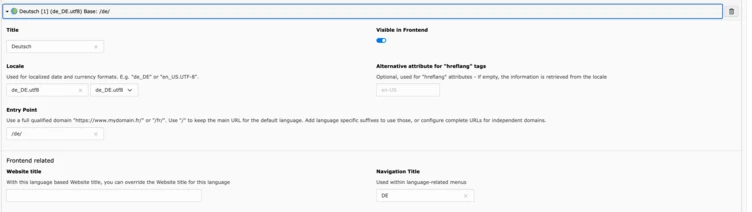 A user interface displaying fields for entering details such as title, location, alternative attributes, entry point, and navigation title, with options for language settings and website-related information.