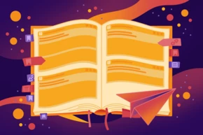 An open notebook with blank pages, featuring colorful tabs and icons on the sides. A paper airplane is positioned in the foreground, set against a vibrant, abstract background with circles and flowing shapes.