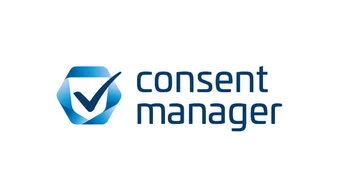 Logo featuring the text "consent manager" alongside a blue checkmark within a hexagonal shape, indicating a focus on consent management solutions.