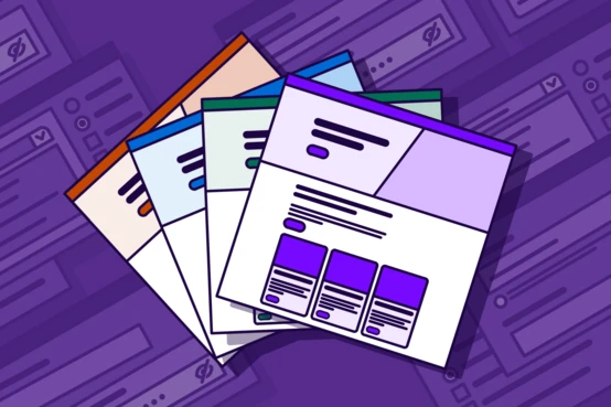 Several colorful web page mockups stacked together, showcasing different layouts and design elements against a purple background.