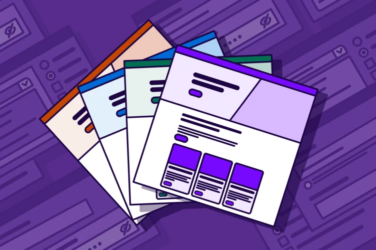 Several colorful web page mockups stacked together, showcasing different layouts and design elements against a purple background.