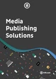 Text reads "Media Publishing Solutions" on a dark background, with a colorful pattern of various icons related to technology and media, including laptops, coffee cups, and plants. The website "b13.com" is also visible.