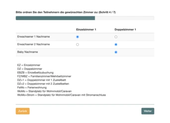 Form for assigning room preferences, including options for single and double rooms, with fields for adult and baby names. Includes a legend explaining abbreviations for room types and services. Navigation buttons for back and next steps.