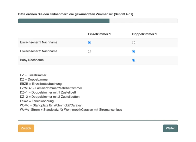 Form for assigning room preferences, including options for single and double rooms, with fields for adult and baby names. Includes a legend explaining abbreviations for room types and services. Navigation buttons for back and next steps.