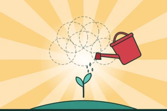 A red watering can pours water onto a small green plant, with a sunburst background emphasizing growth and nurturing.