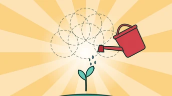 A red watering can pours water onto a small green plant, with a sunburst background emphasizing growth and nurturing.