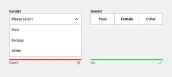 Dropdown menu for selecting gender on the left, showing options: "Please select," "Male," "Female," and "Other." On the right, a simplified selection with buttons for "Male," "Female," and "Other," labeled with "Don't" and "Do" indicators.