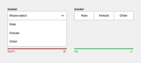 Dropdown menu for selecting gender on the left, showing options: "Please select," "Male," "Female," and "Other." On the right, a simplified selection with buttons for "Male," "Female," and "Other," labeled with "Don't" and "Do" indicators.
